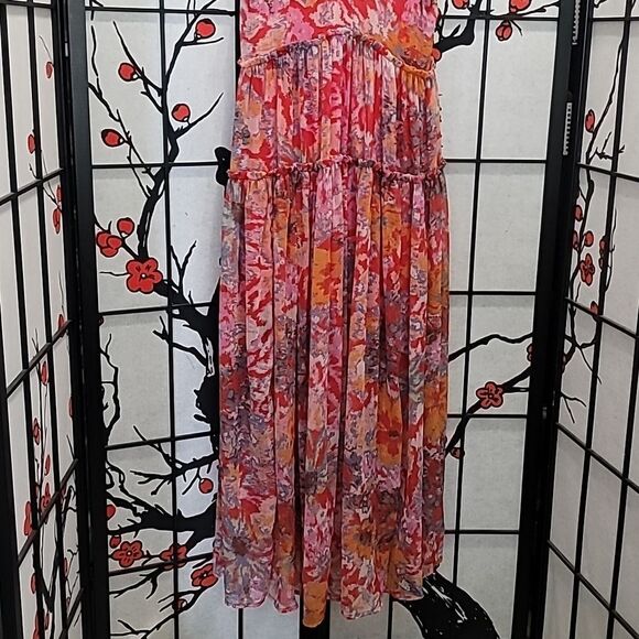 Free People Julianna Maxi Dress Ruffled Tiers V Neck Floral Print Cherry Small - Picture 4 of 13